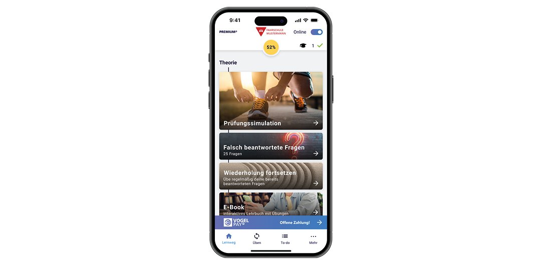 Fahren Lernen Max Startseite mit Vogel Pay Banner Fahren Lernen Max Startseite mit Vogel Pay Banner auf weißem Hintergrund von oben