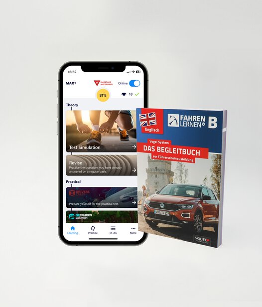 Führerschein Lernset bestehend aus der Fahren Lernen Max App und dem Begleitbuch auf Englisch